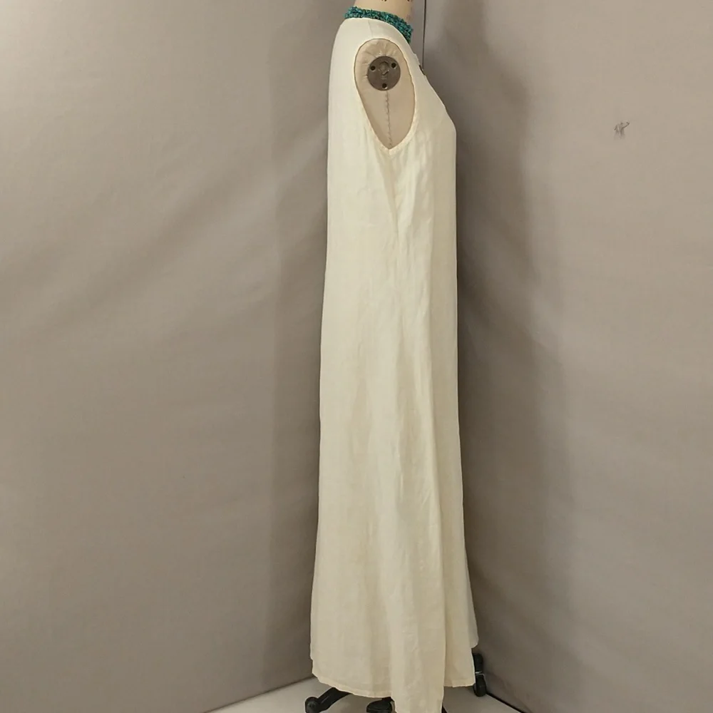 Pale Yellow 100% Linen Maxi Shift Pastel Summer Natural SeeMeasurements USA made - Picture 3 of 8